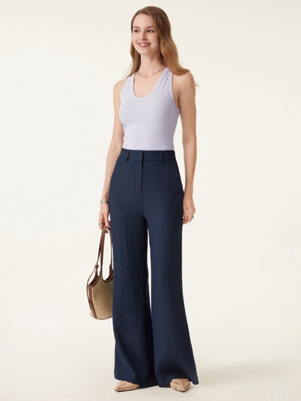 OGL Denim Navy European Linen-Like Mid Rise Flared Pant with Pockets Size Medium